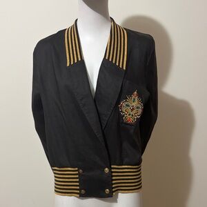Jerri Sherman Vintage 80s Black Linen Blazer Gold Embroidery Crest Black Gold